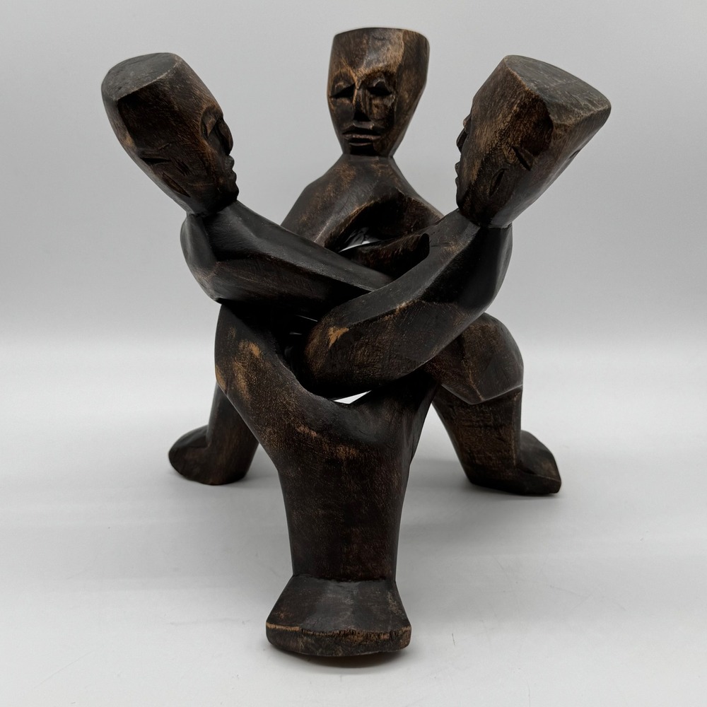 Vintage African Hand Carved Wood Interlocking 3 Legged Unity Tripod Stand 10"